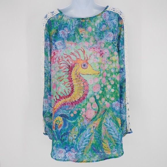 Leoma Lovegrove Womens Blouse L Seahorse Colorful Artsy Split Sleeve Crochet Tie - Picture 4 of 12
